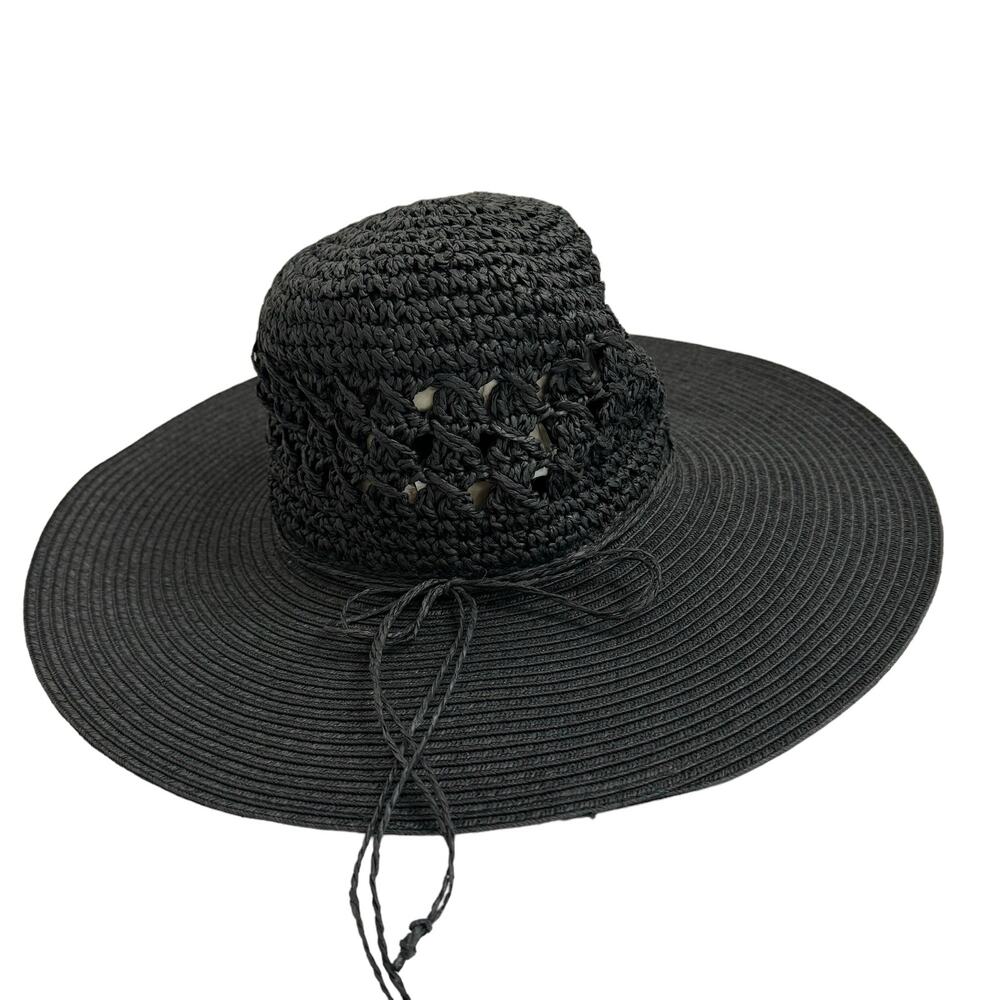 JONES NEW YORK Black Paper Straw Hat One Size Crochet Boho Wide Brim